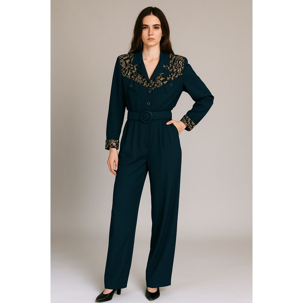 John‎ Roberts Womens Black Velvet Floral Embellished Belted Jumpsuit Size 10